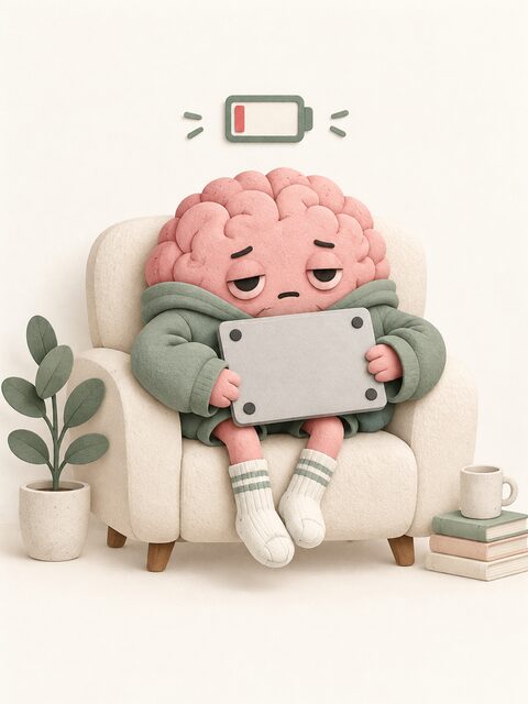 Illustration of a sleepy brain in a hoodie holding its laptop upside down